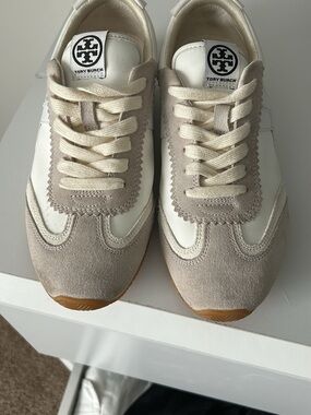 Tory Burch Cream & Taupe Suede Leather Lace-Up Sneakers